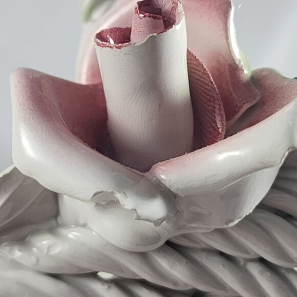 Vintage Italian Porcelain Basket Capodimonte Style Italy Pink Rose Flower Decor - Picture 12 of 12